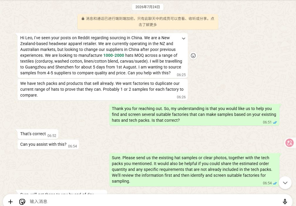 Anonymized WhatsApp excerpt describing a New Zealand custom headwear sourcing brief