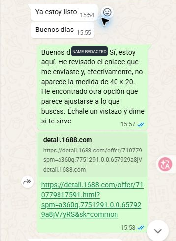 Redacted WhatsApp excerpt showing China Partner Hub identifying a missing 40 by 20 millimetre size and sending another 1688 product link