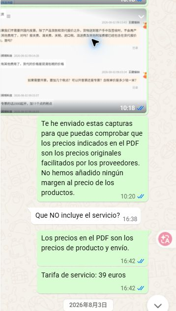 WhatsApp excerpt confirming original supplier prices, no product markup, and a separate 39 euro service fee