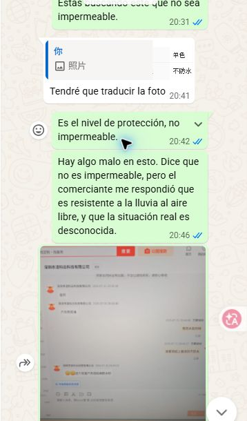 WhatsApp excerpt explaining that a listing said the product was not waterproof while the seller claimed rain resistance