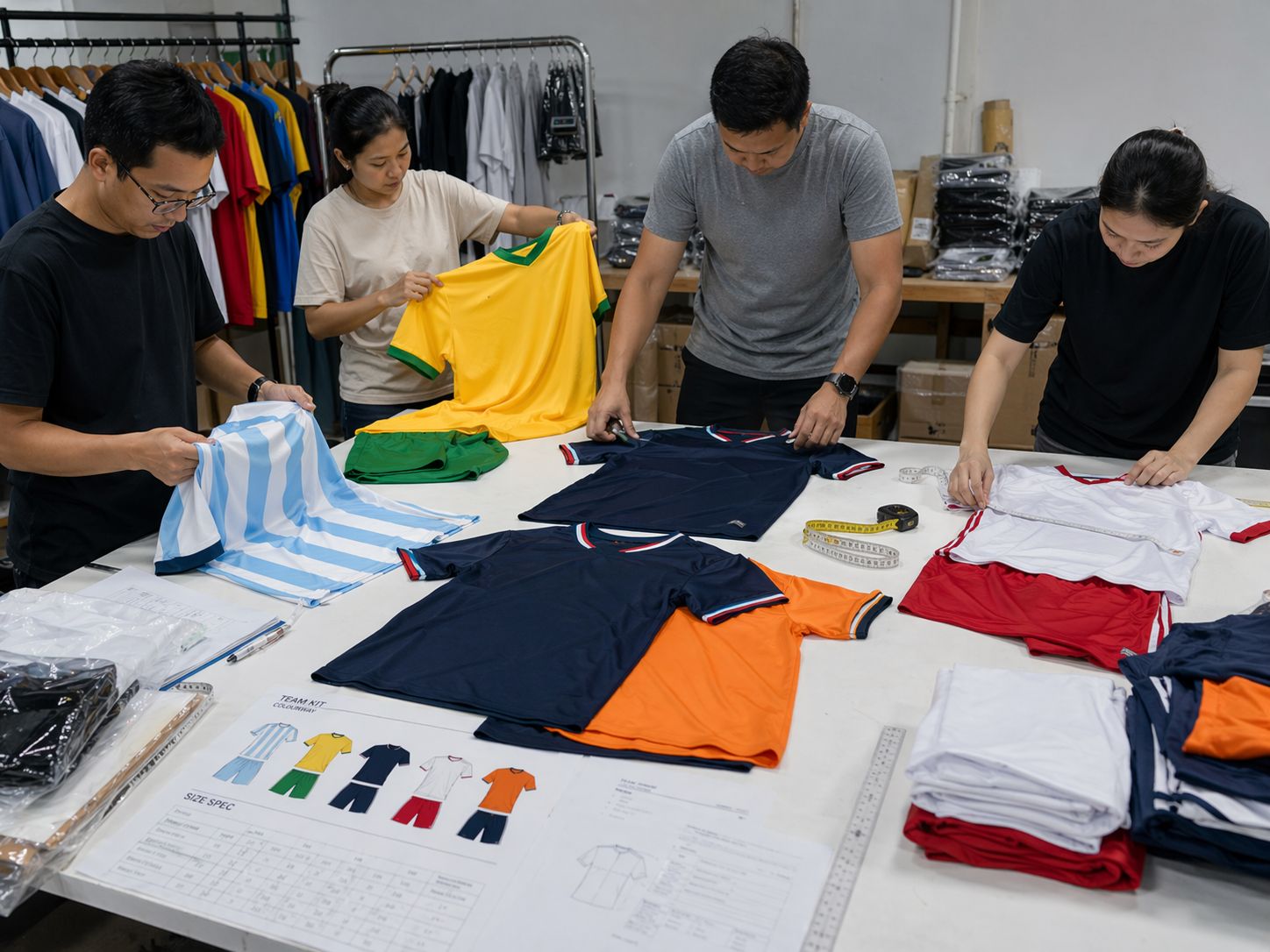 Team reviewing jersey samples and size sheets on a supplier inspection table