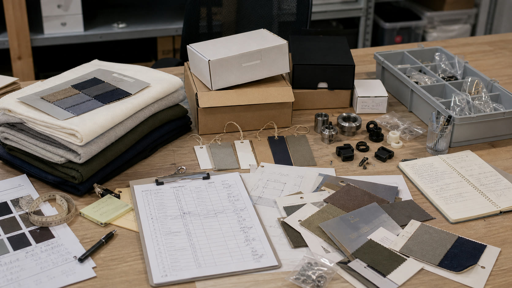 Realistic supplier showcase with packaging samples, fabrics, tags, and small industrial components
