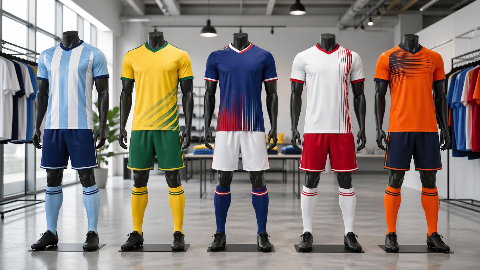 Soccer jersey supplier showroom with multiple uniform designs on mannequins